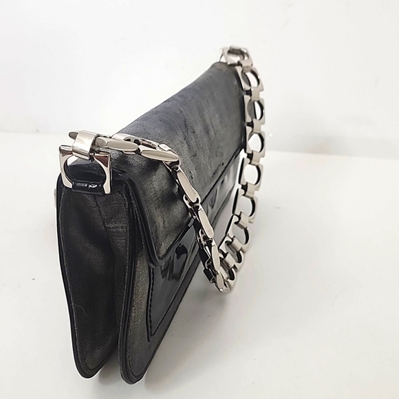 Cole Haan black weave/canvas pattern and patent leather purse with sliver chain - Picture 2 of 14